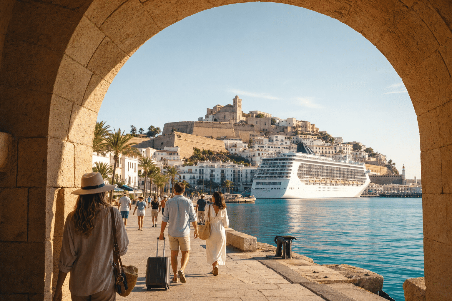 Touristes au port méditerranéen avec paquebot de croisière