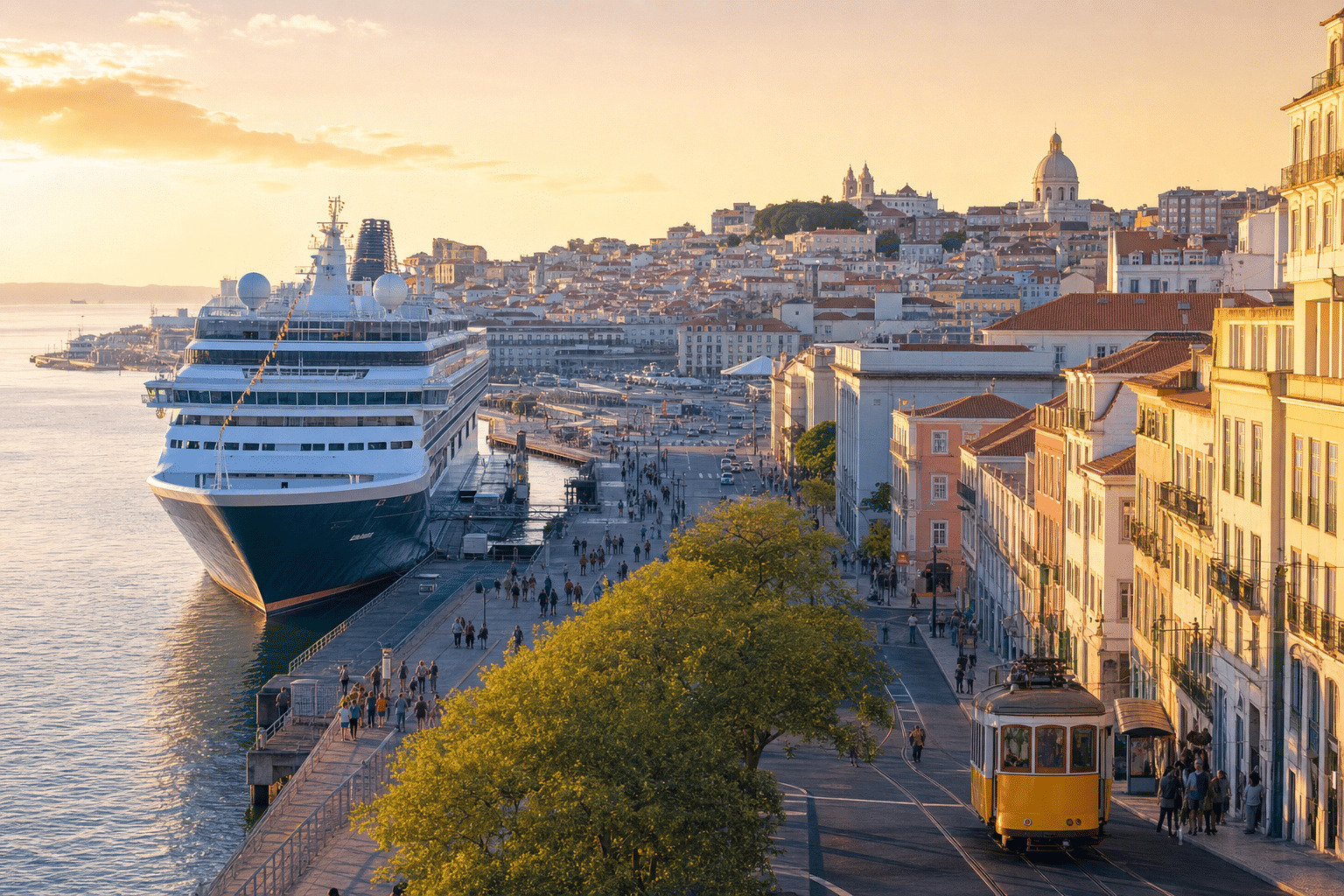 Paquebot et tramway jaune à Lisbonne au coucher du soleil