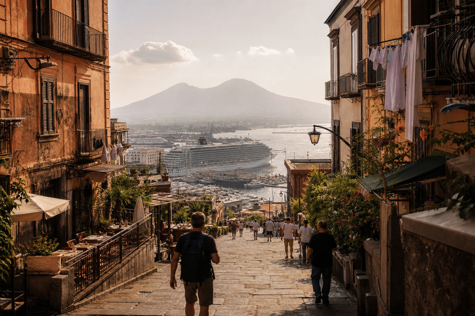 Vue de Naples avec le Vésuve au coucher du soleil